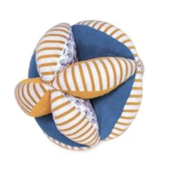 Balle Sensorielle Avec Hochet Bleu-Rayé 15cm Coton Bio Doudou Et Compagnie® - Doudou Bio Français