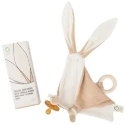 Doudou Plat Carré Lapin Anneau De Dentition Oreilles & NœudBio Wooly Organic® Coton Bio Beige 18 Cm - Doudou Bio GOTS
