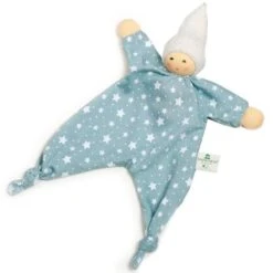 Doudou Plat Poupon Mouchoir & Noeuds Nanchen® Natur Coton Bio (Kba) Bleu Gris étoilé - Doudou Bio