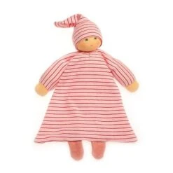 Doudou Plat Poupon Rayé Robe Roses Nanchen® Natur Jersey Coton Bio 24cm - Doudou Bio