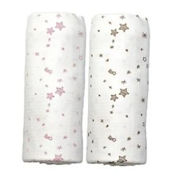 Duo De Langes Etoiles Roses & Taupes Hoppa® Coton Bio GOTS - Lange Coton Bio