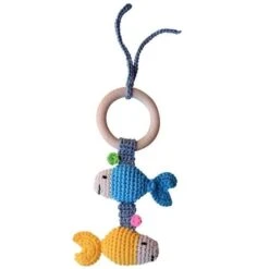 Hochet Au Crochet Coton Bio & Anneau De Dentition Pour Poussette Poisson Bleu-Jaune APunt Barcelona®- Hochets Bébé Bio